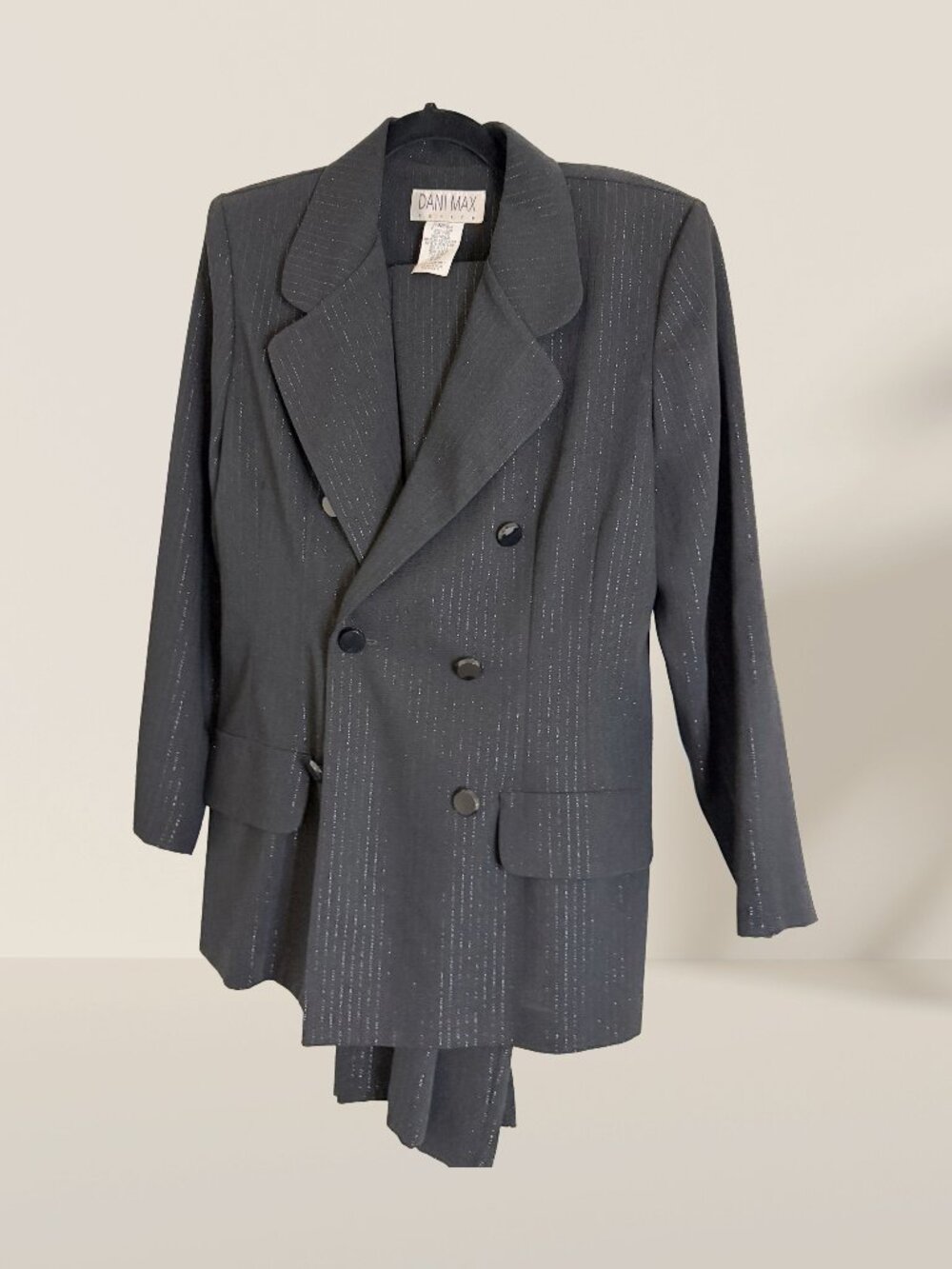 Dani Max Petite Black Metallic Pinstripe 2-Piece Pant Suit Size 12P | Formal